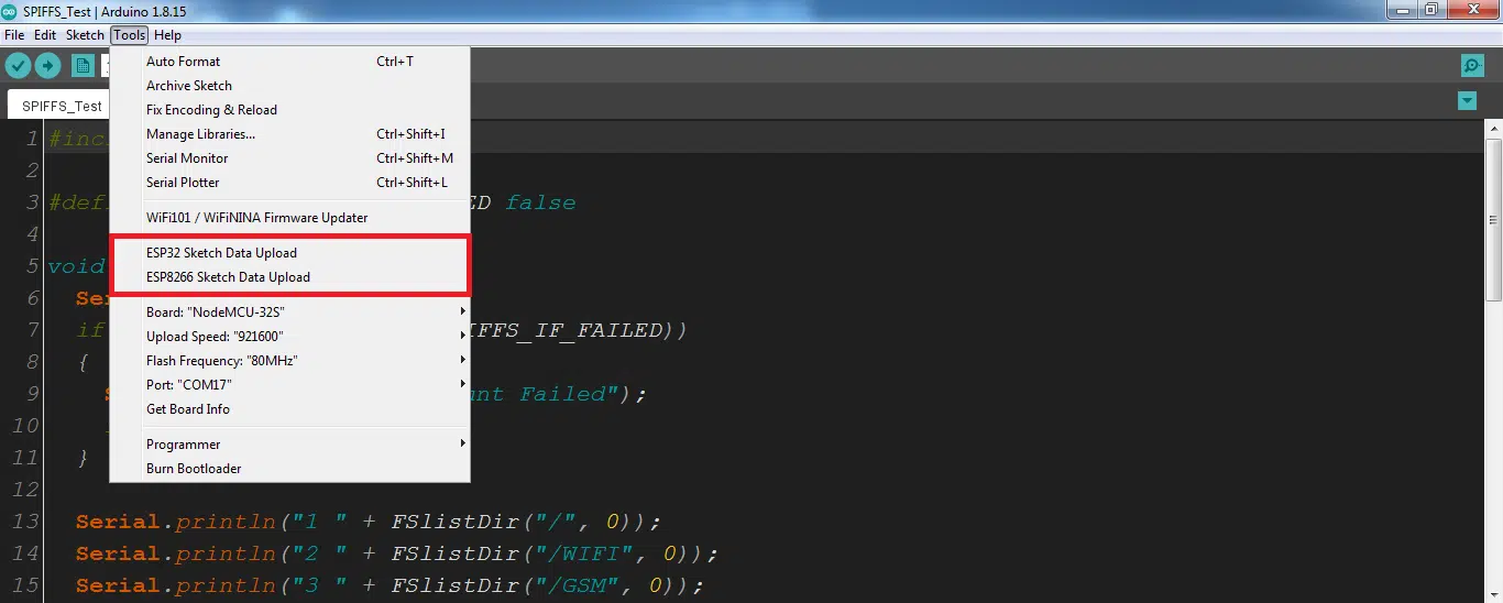آپلود SPIFFS ESP32 ESP8266